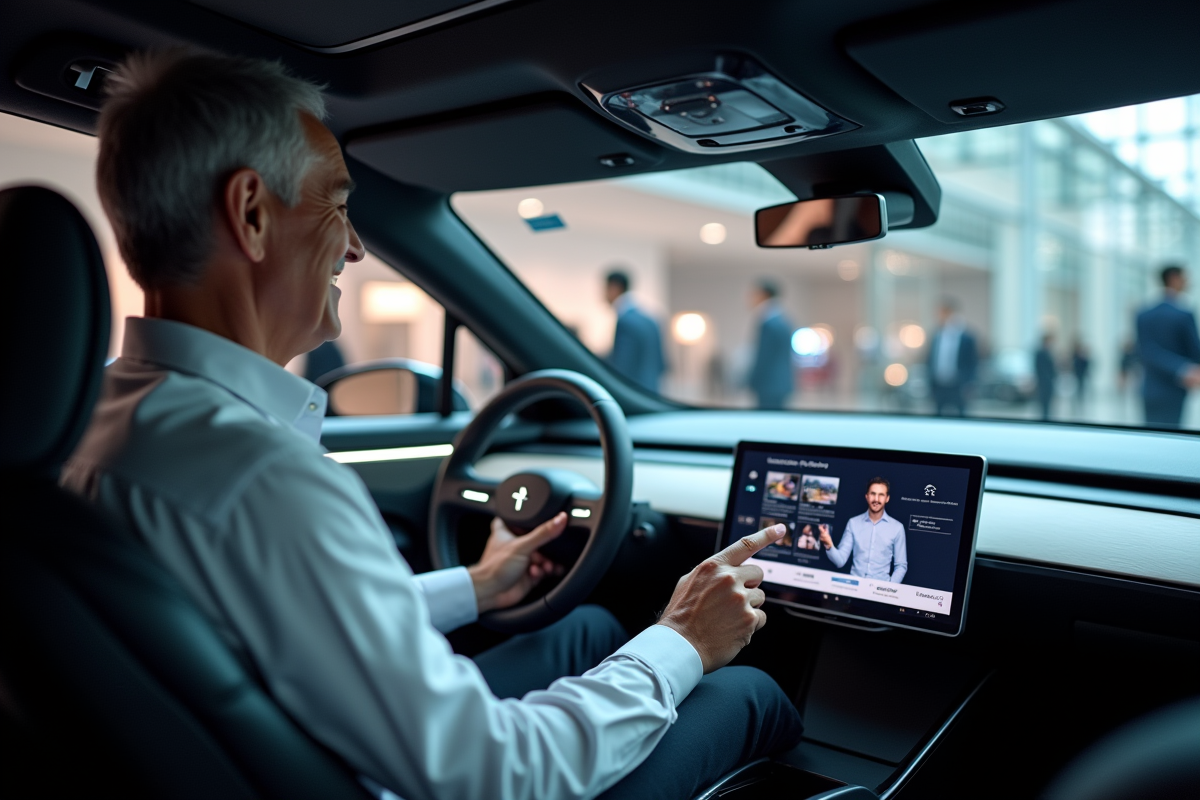 Homme souriant utilisant un écran tactile dans une voiture électrique