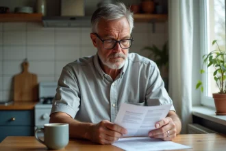 Homme lisant attentivement les conditions générales de vente d'une annonce Leboncoin imprimées sur papier