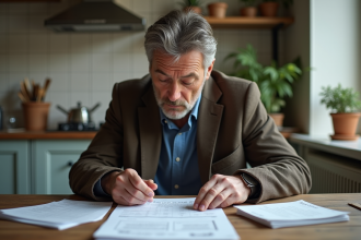 Homme d'âge moyen lisant des papiers dans une cuisine française