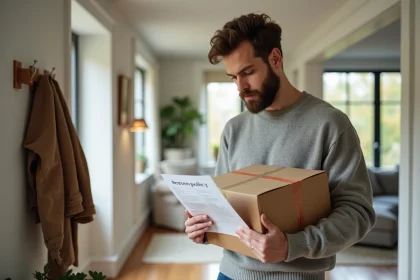 Homme lisant une politique de retour dans un couloir moderne