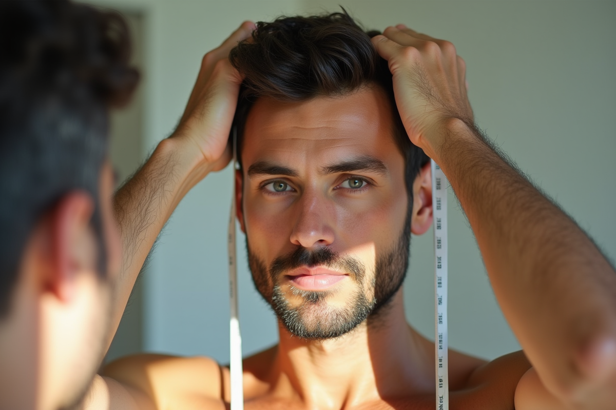 Homme mesurant la circonference de sa tete avec un ruban