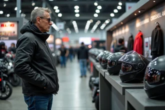 Homme d age moyen examine des casques moto modernes en exposition