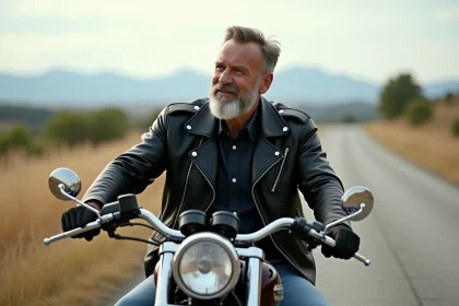 Homme d'&acirc;ge moyen sur une Harley en campagne