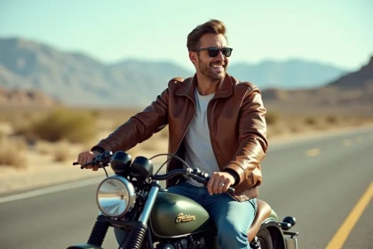 Homme en blouson en cuir vintage sur moto r&eacute;tro