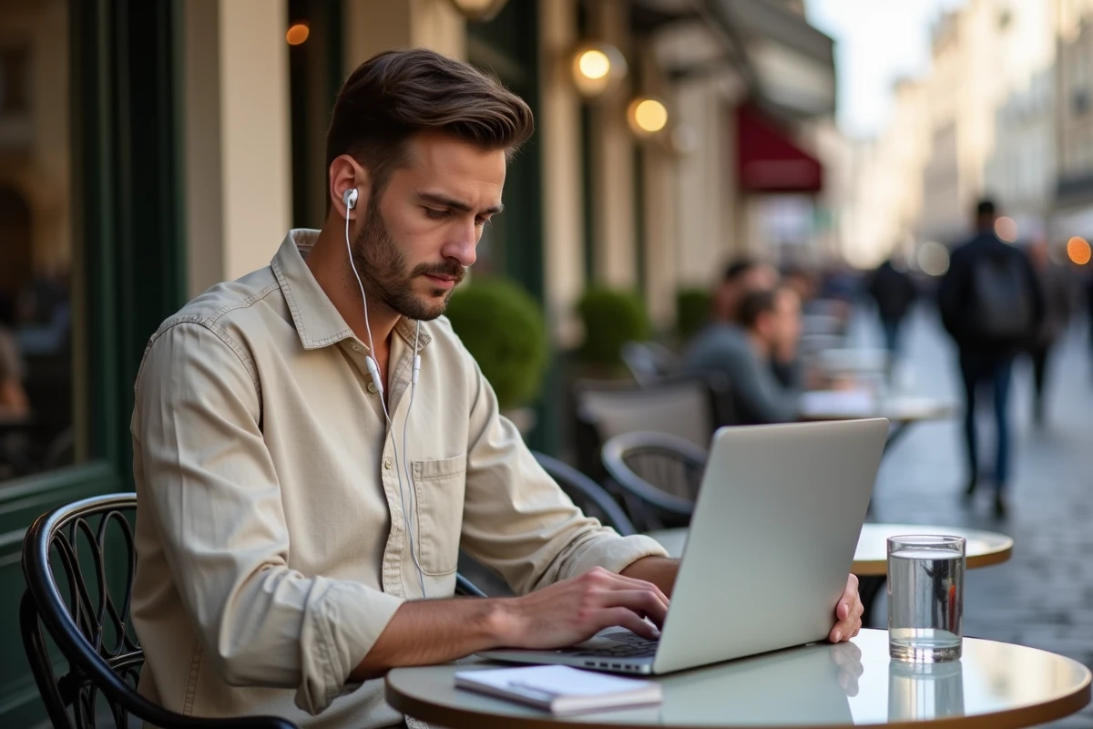 Jeune homme lisant une newsletter sur son ordinateur portable en terrasse de café, symbole de l'information numérique en temps réel