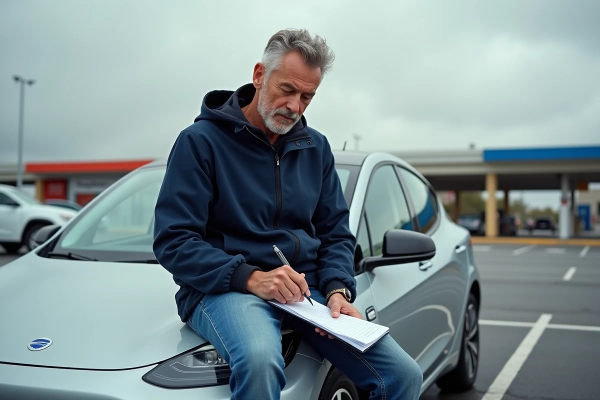Homme d'âge moyen écrivant dans un carnet devant une voiture électrique