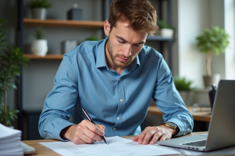 Homme concentré remplissant documents de voiture dans un bureau