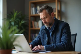 Homme concentré remplissant un formulaire sur son ordinateur à la maison