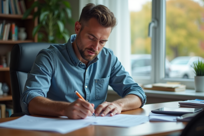 Homme d'âge moyen remplissant un formulaire de kilométrage au bureau