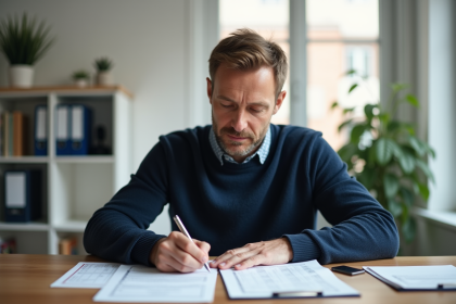 Homme d'&acirc;ge moyen remplissant un formulaire de v&eacute;hicule dans un bureau moderne