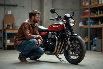 Homme en cuir vintage près d'une Kawasaki KZ400J restaurée