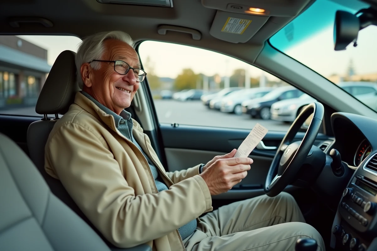 Homme retraité dans la voiture au supermarche