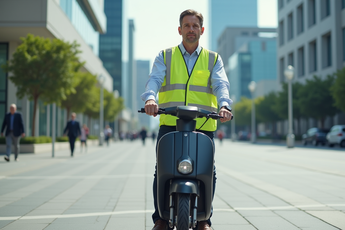 Homme en vestiaire professionnel sur scooter urbain