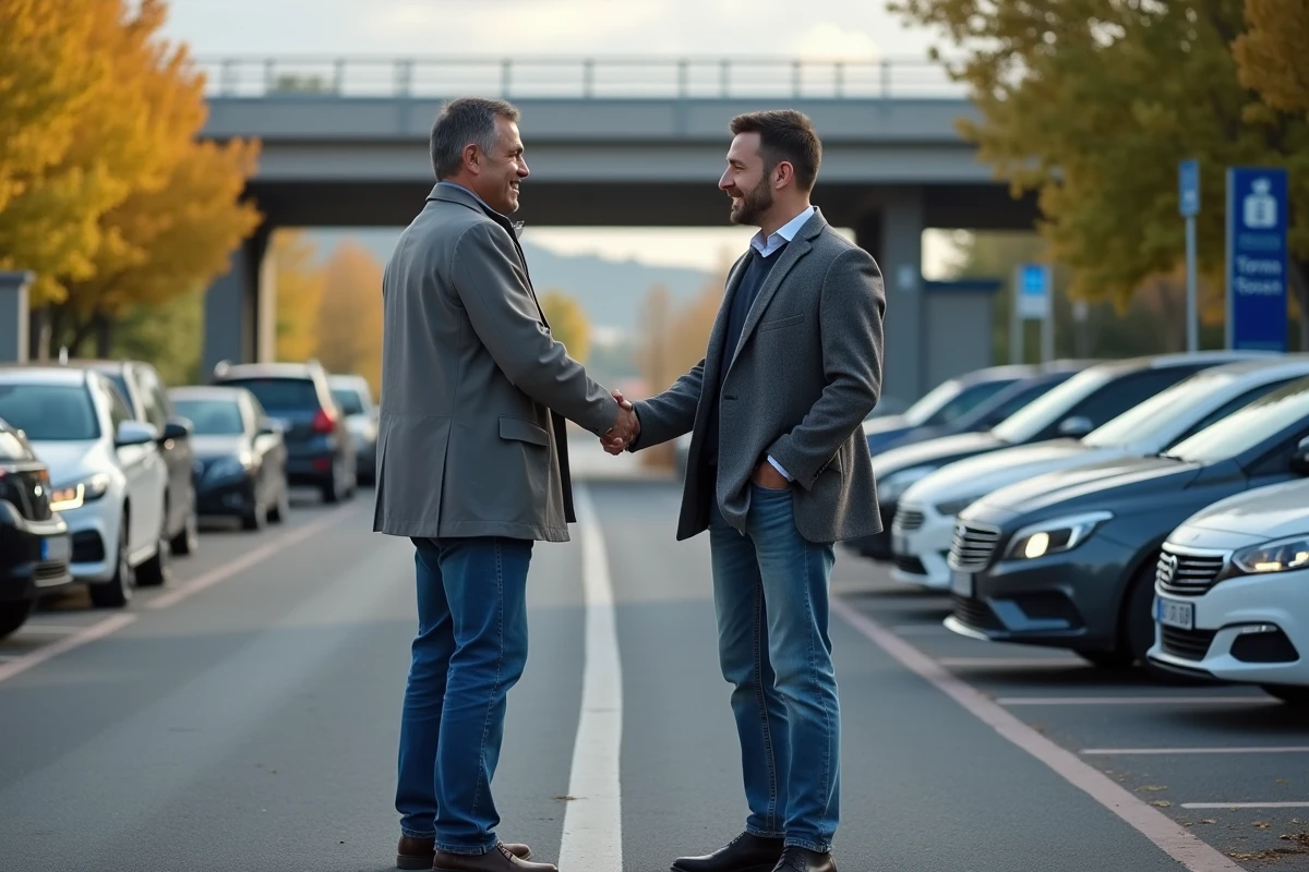 Homme en veste grise saluant un autre conducteur au parking