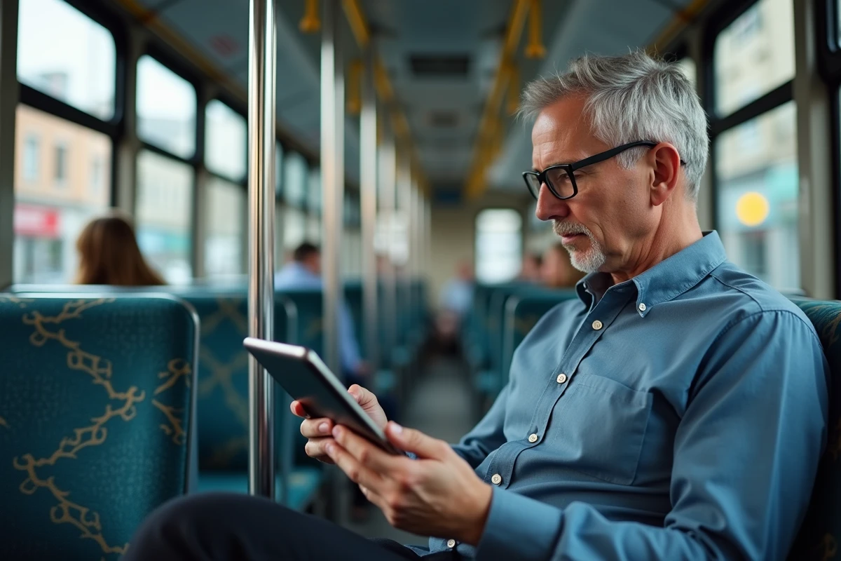 Homme lisant des nouvelles sur une tablette dans le tram
