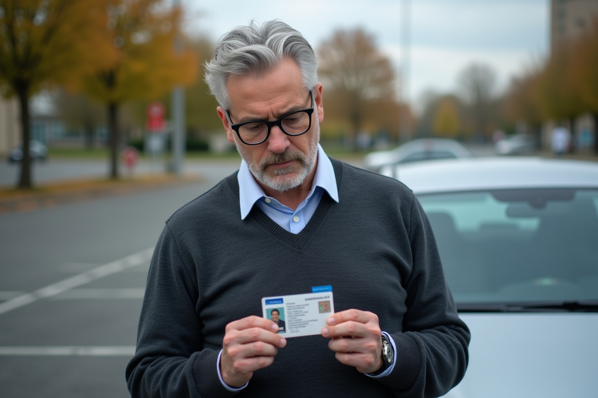 Homme regardant son permis de conduire en extérieur