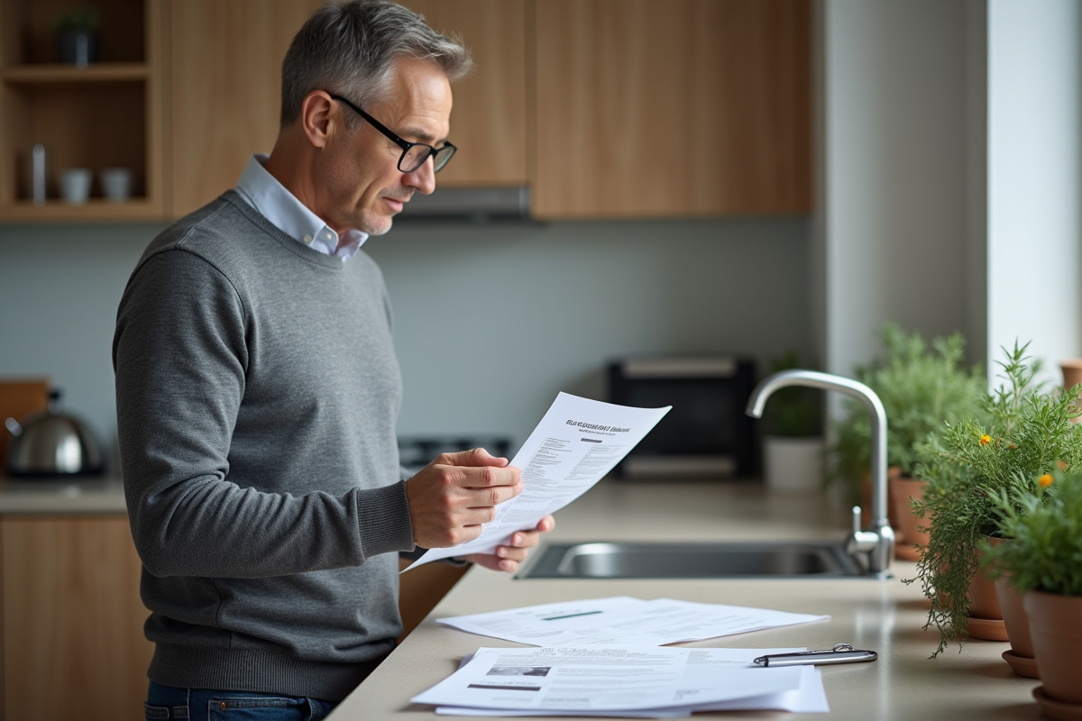 Homme vérifiant ses documents dans la cuisine moderne