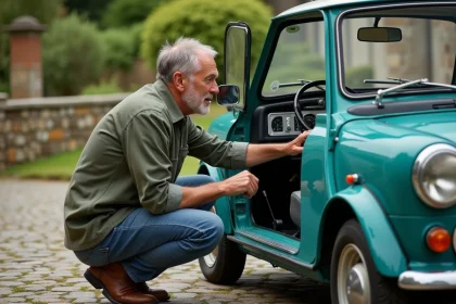 Homme vintage inspectant une Mini Moke ancienne en ext&eacute;rieur