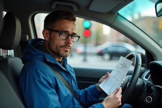 Homme en voiture regardant une amende de vitesse