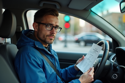 Homme en voiture regardant une amende de vitesse