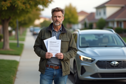 Homme d'âge moyen avec papiers d'assurance devant sa voiture