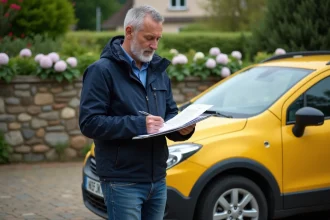Homme d'âge moyen avec documents devant une voiture Aztek