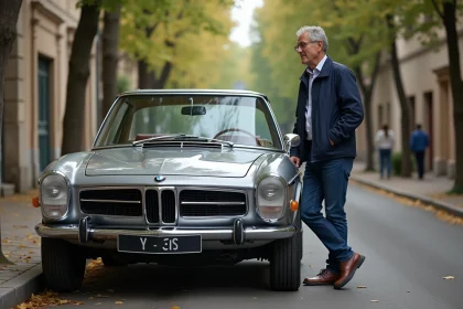 Homme devant une BMW CSL classique dans une rue europ&eacute;enne