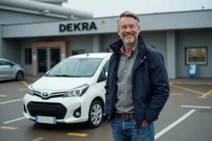 Homme souriant à côté de sa voiture lors d'une inspection DEKRA