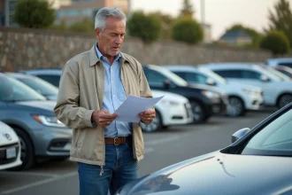 Homme d'âge moyen examinant un document à côté d'une voiture d'occasion