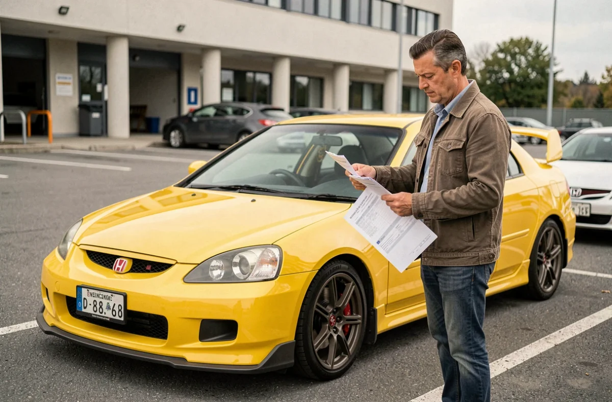 Honda Civic EP3 Type R jaune dans un centre de contrôle technique avec un homme tenant des documents d'immatriculation