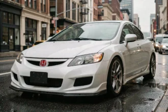 Honda Civic EP3 Type R blanche garée dans une rue urbaine mouillée, vue 3/4 avant sur fond de bâtiments flous