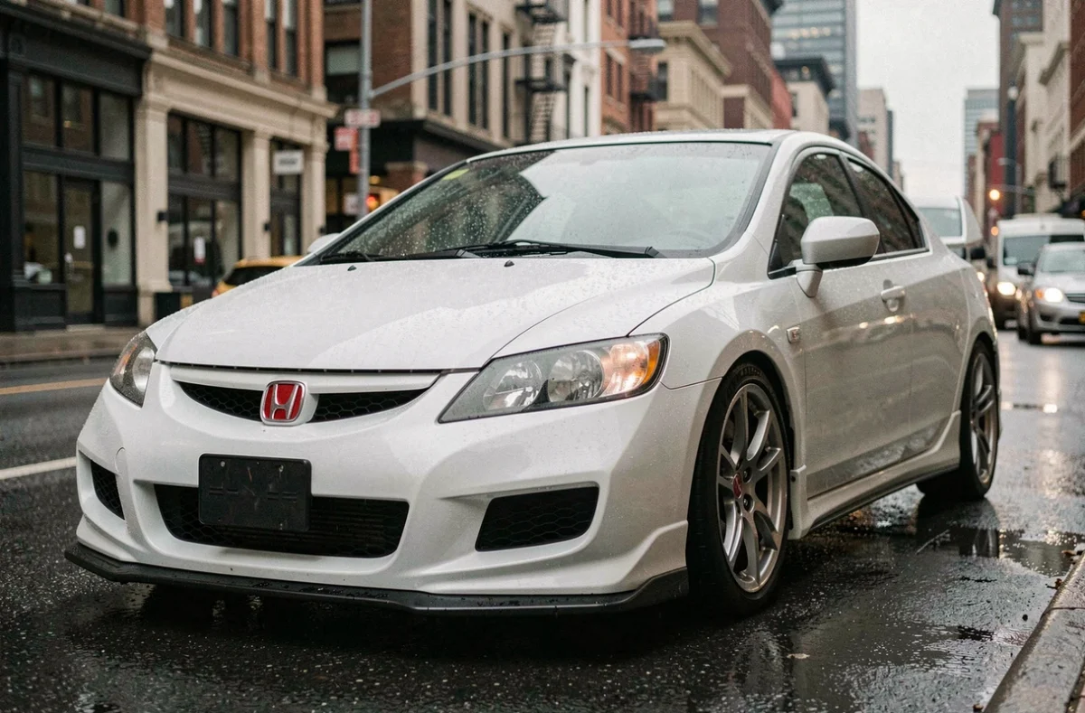 Honda Civic EP3 Type R blanche garée dans une rue urbaine mouillée, vue 3/4 avant sur fond de bâtiments flous
