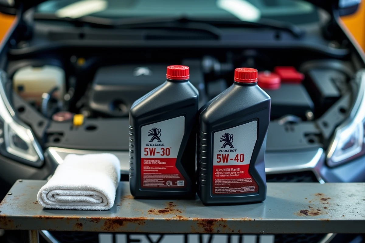 Bouteilles d'huile moteur 5W-30 et 5W-40 posées sur un établi à côté du compartiment moteur d'une Peugeot 208