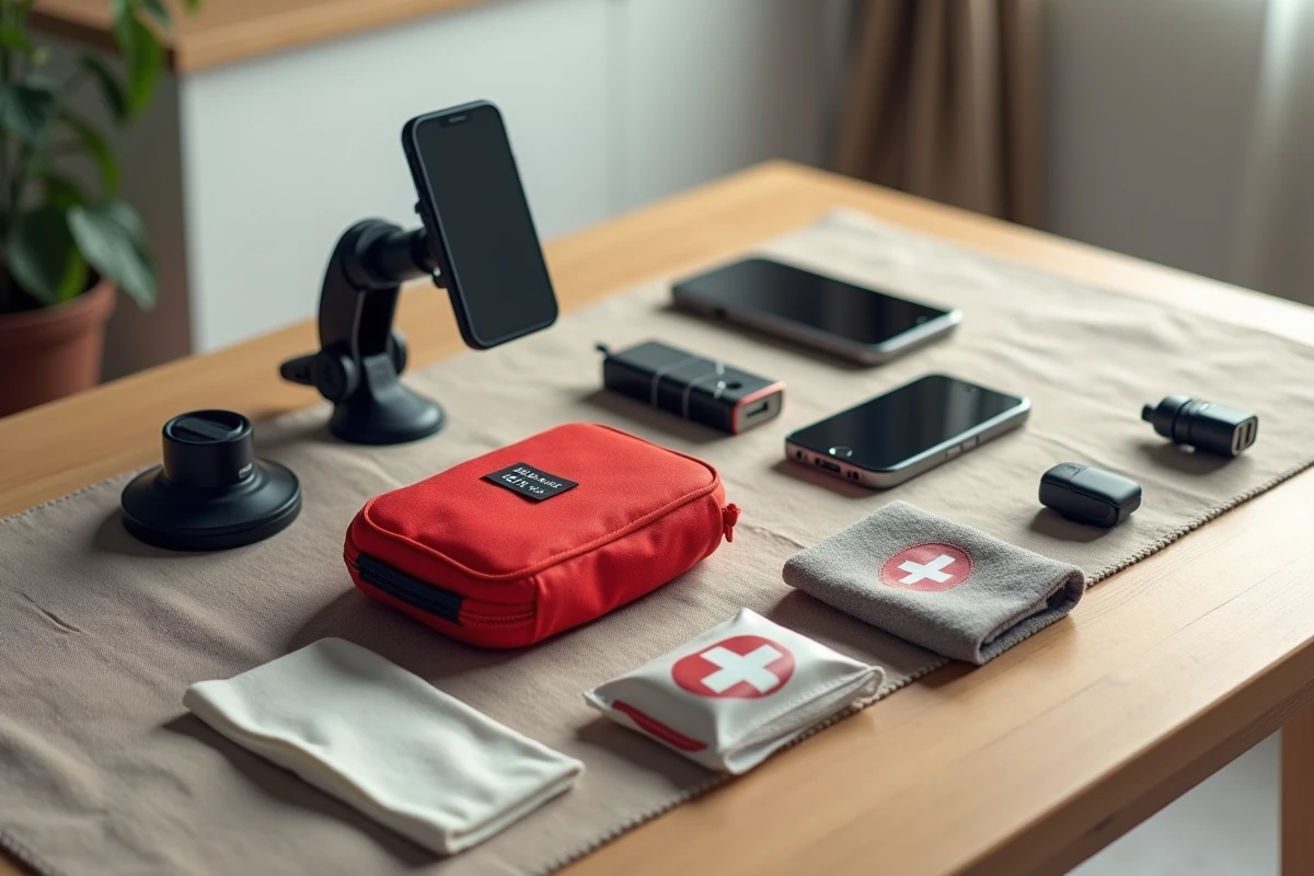 Idées de cadeaux pratiques pour équiper une première voiture, accessoires automobiles présentés sur une table en bois