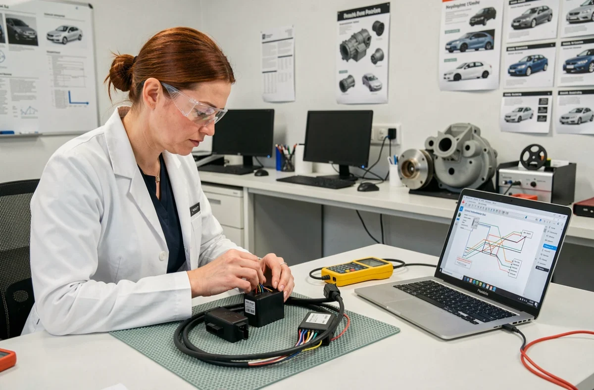 Ingénieure automobile analysant le module d'allumage Peugeot et le faisceau électrique pour résoudre le défaut P1351