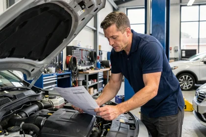 Ingénieur automobile consultant une fiche technique de puissance en chevaux fiscaux dans un garage professionnel