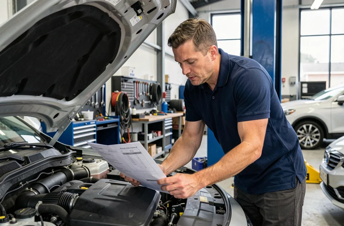 Ingénieur automobile consultant une fiche technique de puissance en chevaux fiscaux dans un garage professionnel