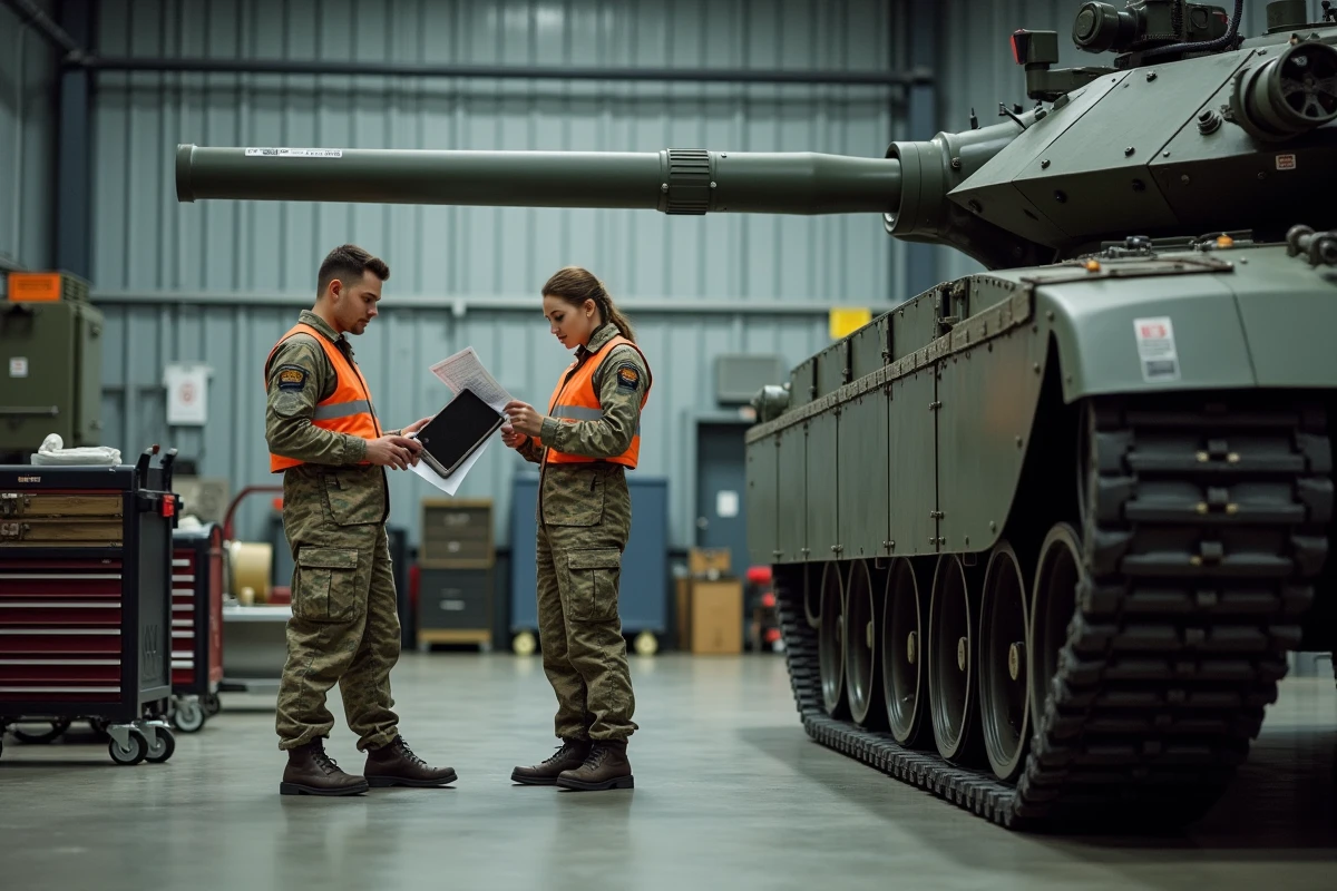 Ingénieurs militaires travaillant sur un char dans un hangar