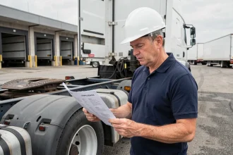 Responsable logistique inspectant les documents de conformité d'une semi-remorque 44 tonnes dans un dépôt de fret industriel