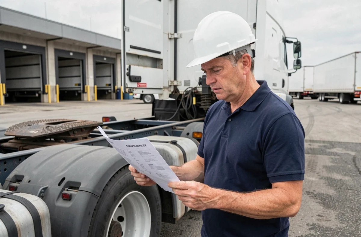 Responsable logistique inspectant les documents de conformité d'une semi-remorque 44 tonnes dans un dépôt de fret industriel