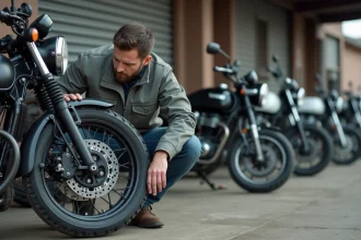 Homme inspectant une moto d'occasion dans un parc de revendeurs, examinant la fourche avant et les freins avant achat