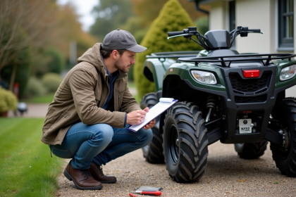 Homme inspectant un quad dans un jardin en ext&eacute;rieur