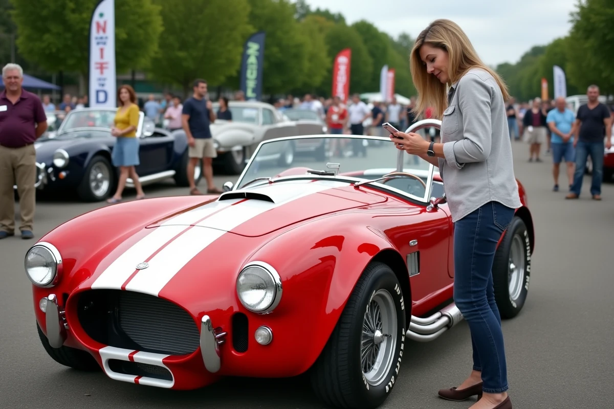 Journaliste automobile inspectant le numéro VIN d'une Shelby Cobra lors d'un salon de voitures classiques
