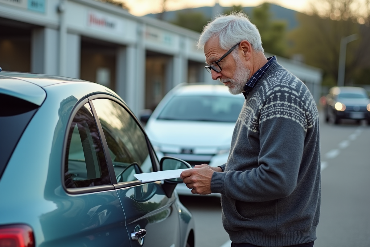 Homme examine une voiture dans un parking moderne