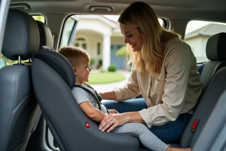 Mère installant un siège enfant homologué dans un SUV familial avec accessoires de confort et sécurité