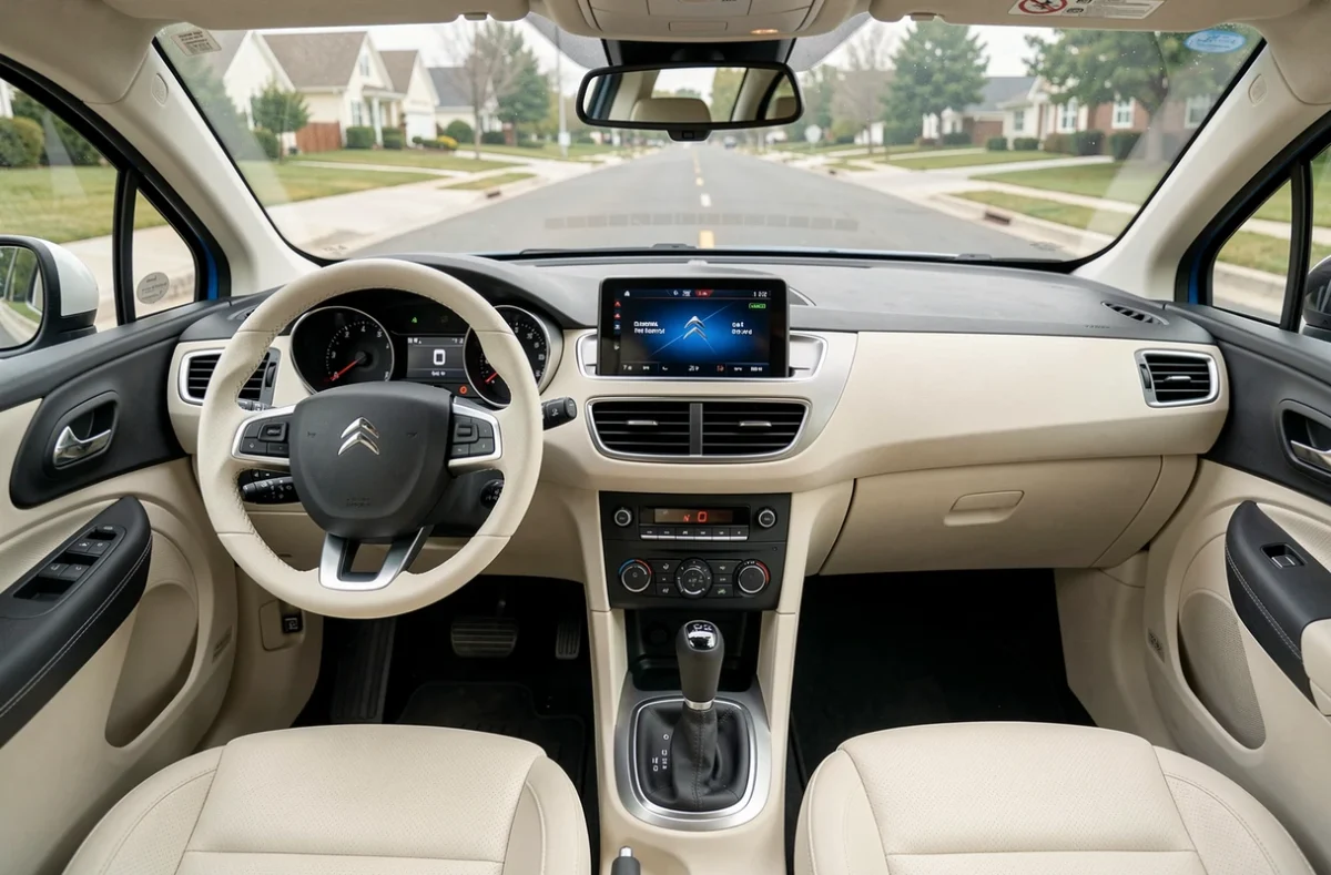Intérieur de la Citroën C4 blanche avec tableau de bord numérique et volant