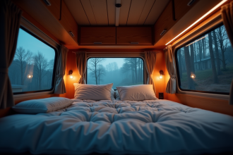Intérieur cosy d'un van la nuit avec lit et lumière douce