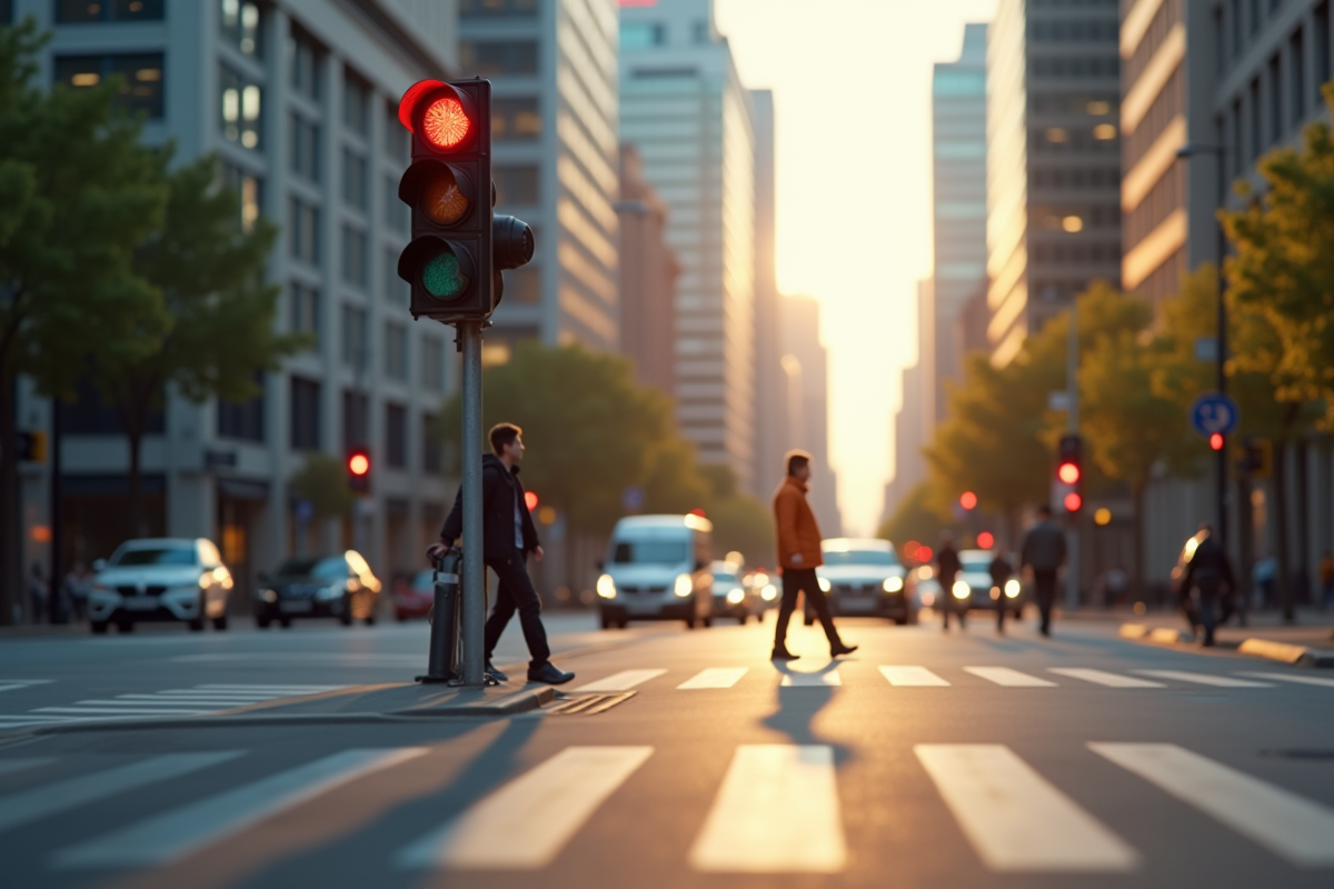 Intersection urbaine en journée avec feu de signalisation