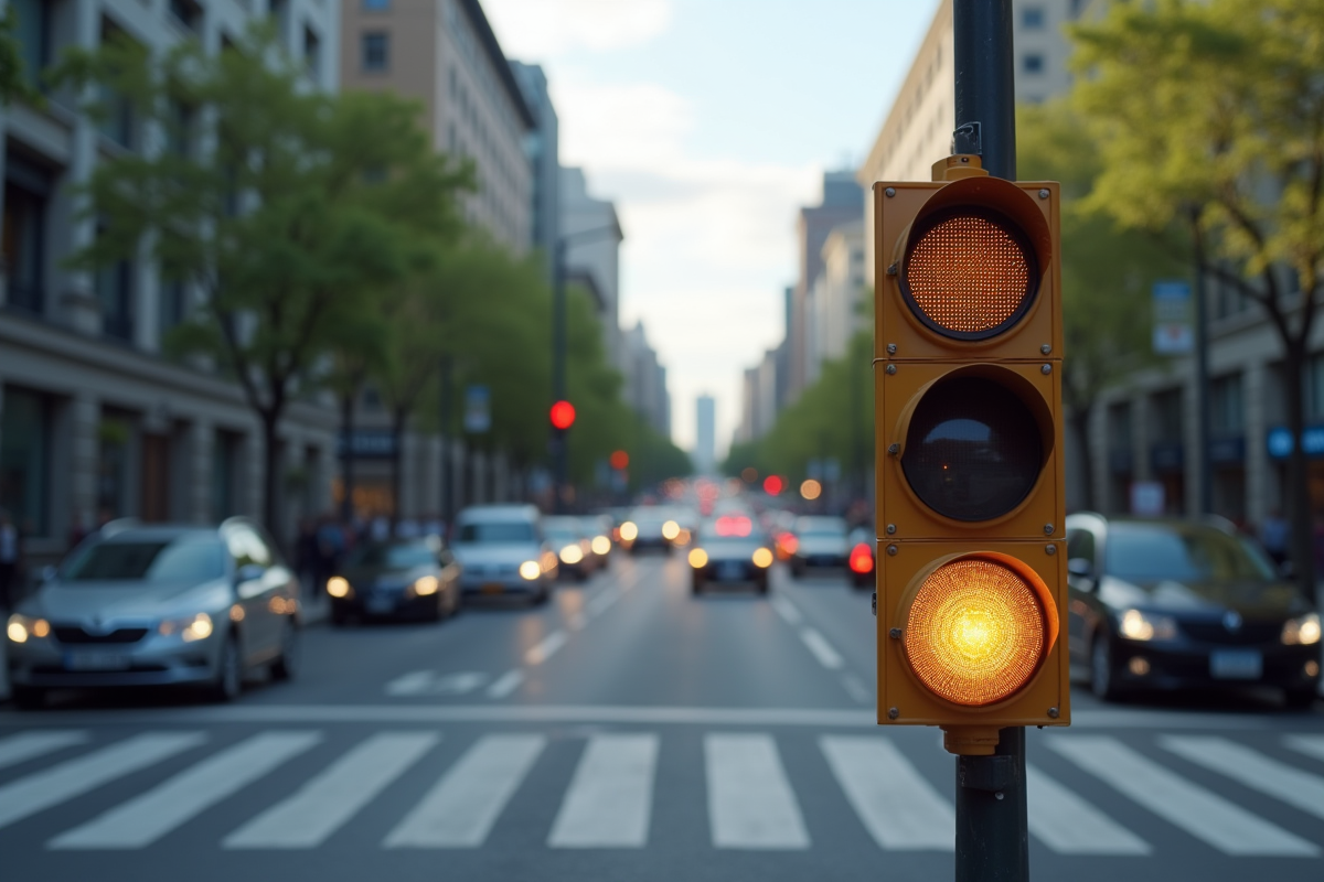Intersection urbaine avec feu de circulation éteint en journée