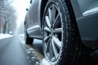 Gros plan sur une jante en aluminium peinte avec des dépôts de sel de déneigement visibles sur les rayons en hiver